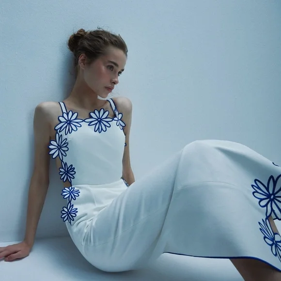 Commense Semi-Sheer Floral Embroidery Back Bow Maxi Dress - Picture 9 of 17